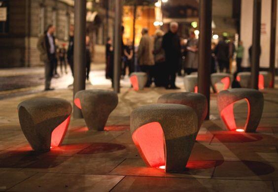 Illuminated bollards installed in an urban public space